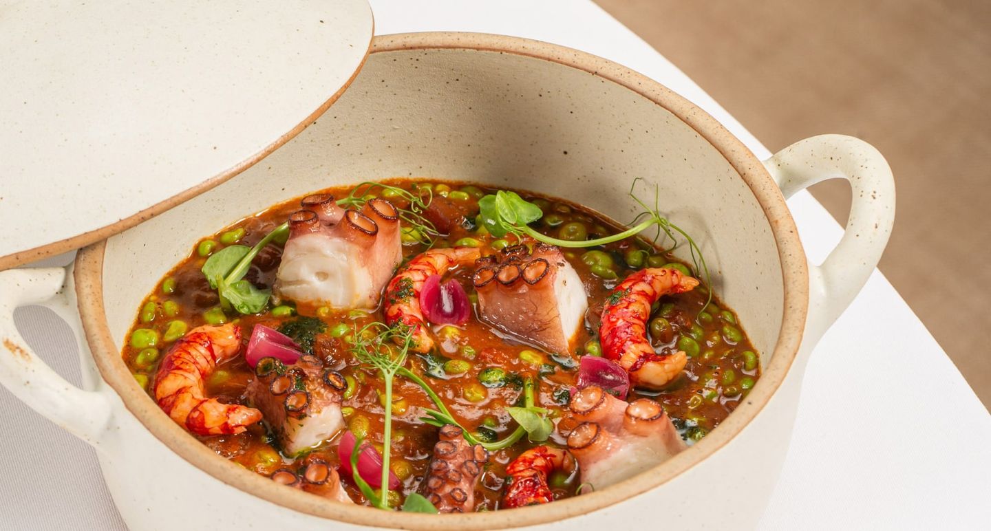 Chef Ferran Tadeo's culinary magic: Grilled octopus, mediterranean red prawn and peas