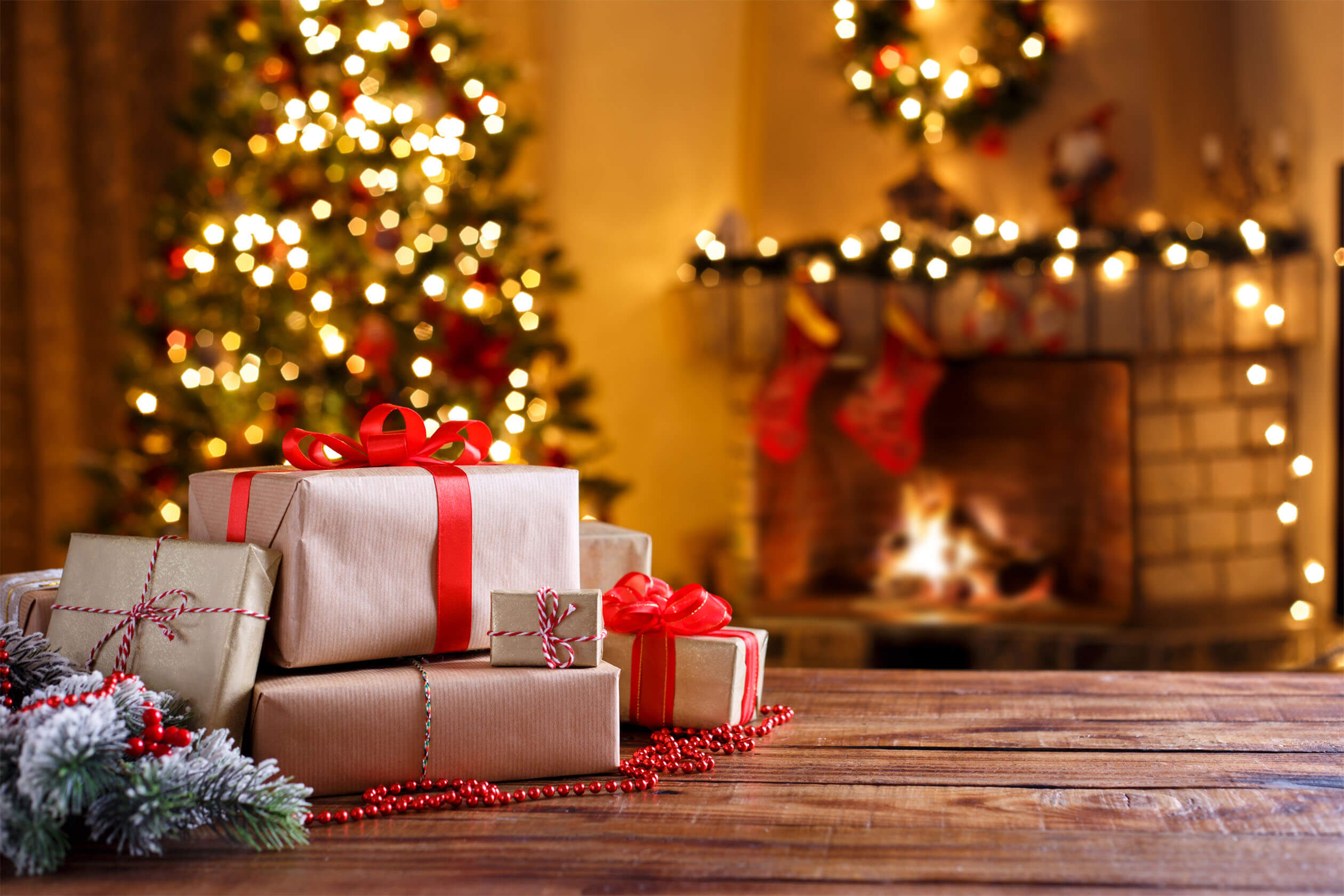 Christmas Presents with tree and fireplace i