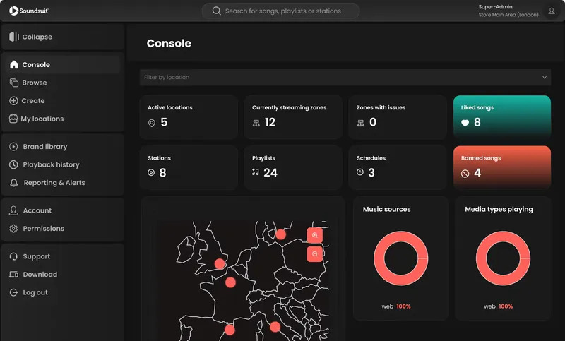 soundsuit admin dashboard zentrale Verwaltung von Geschäftsketten mit mehreren Standorten