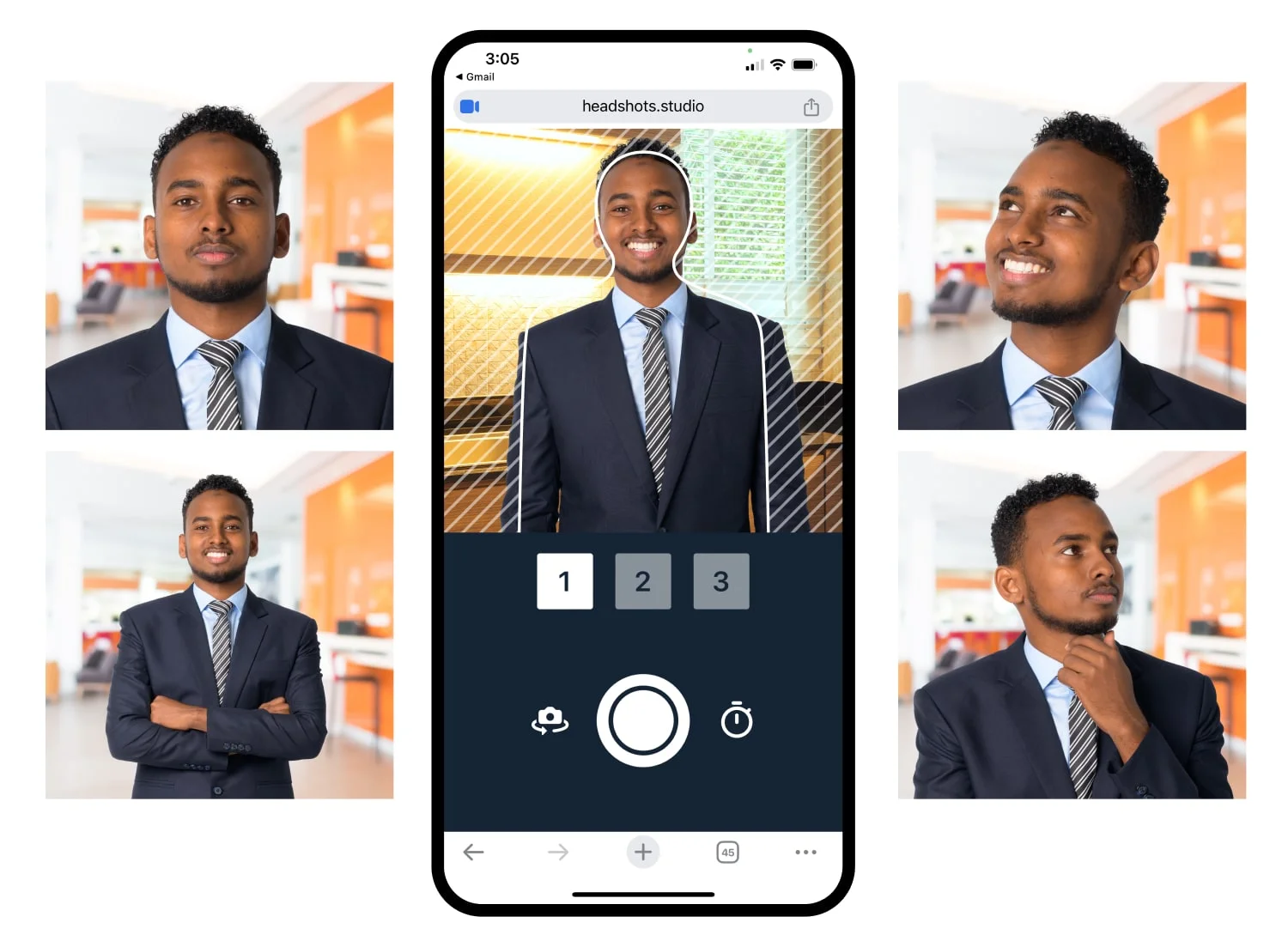 Capture-flow illustration showing a phone in the center displaying the headshot capture screen with multi-shot indicators (1, 2, 3), surrounded by four headshot variations of the same person in different poses: arms crossed, looking up, eyes on camera, and hand on chin, demonstrating that taking multiple shots in multiple poses produces better keeper rates.