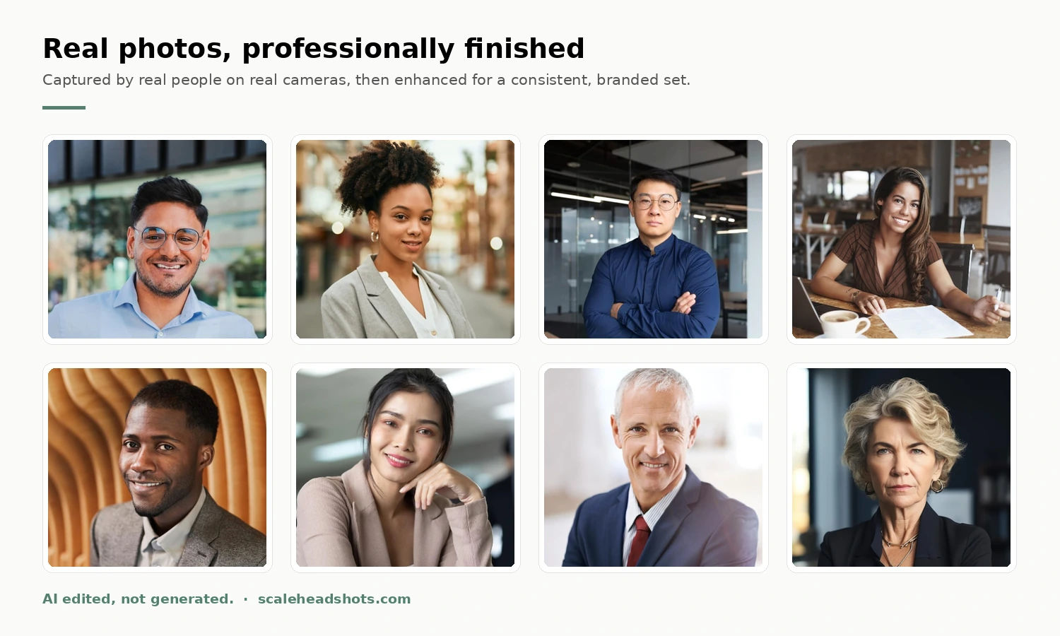 Grid of eight professional headshots of diverse people titled 'Real photos, professionally finished', captured on real cameras and enhanced into a consistent, branded set, labeled 'AI edited, not generated.'