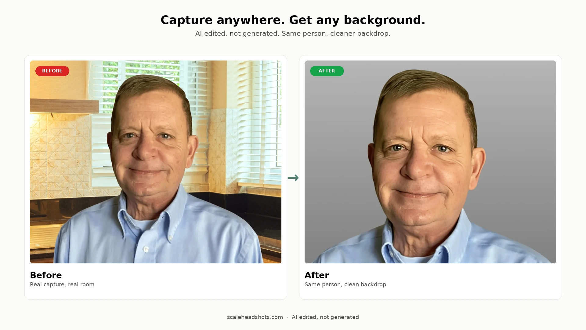 Real Scale before-and-after pair from the headshots-before-after gallery showing a man in a light-blue button-down captured in a real office with venetian blinds behind him on the left (tagged BEFORE), and the same person against a clean professional studio background on the right after Scale enhancement (tagged AFTER). Subtitle reads 'AI edited, not generated. Same person, cleaner backdrop.'