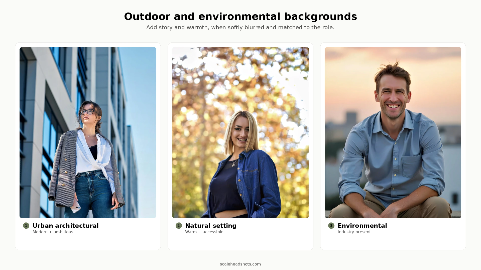 Three-tile horizontal strip titled 'Outdoor and environmental backgrounds' showing three on-location headshot configurations: urban architectural (modern, ambitious), natural setting with foliage backdrop (warm, accessible), and environmental on-location workspace (industry-present), each labeled with a numbered accent and short description.