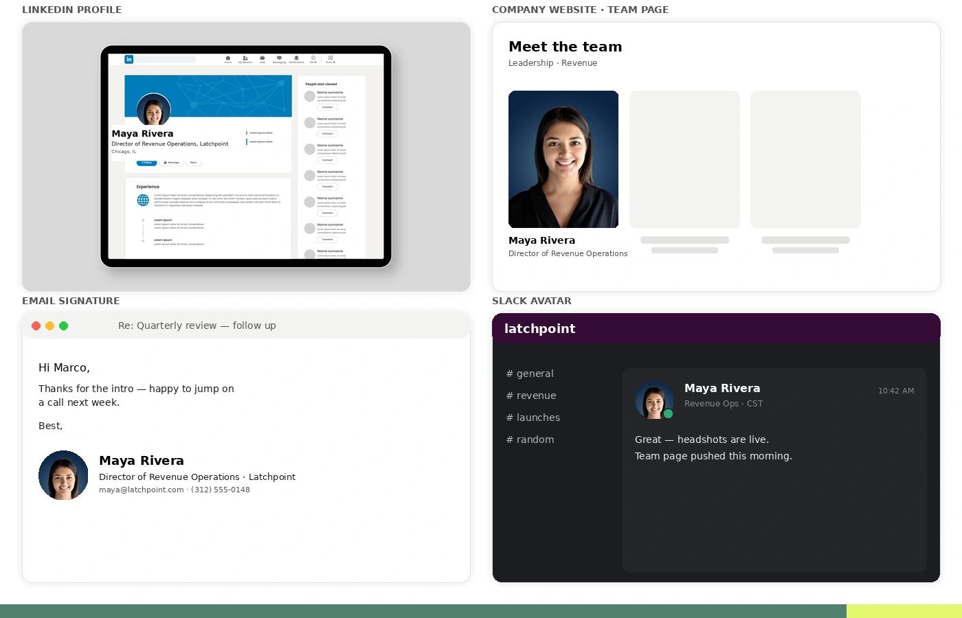 A four-panel mockup titled by surface showing one employee's Scale headshot used consistently across her LinkedIn profile, the company website team page, an email signature, and a Slack avatar, illustrating one capture used in every format.