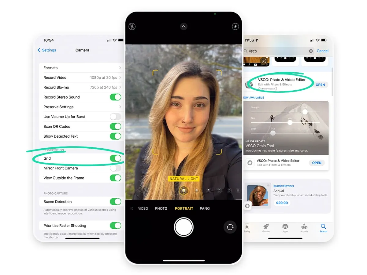 Three real iPhone screens demonstrating headshot camera settings: the Camera settings page with the Grid toggle switched on (circled), the Portrait-mode viewfinder showing gridlines and Natural Light over a subject, and the App Store showing a photo-editing app.