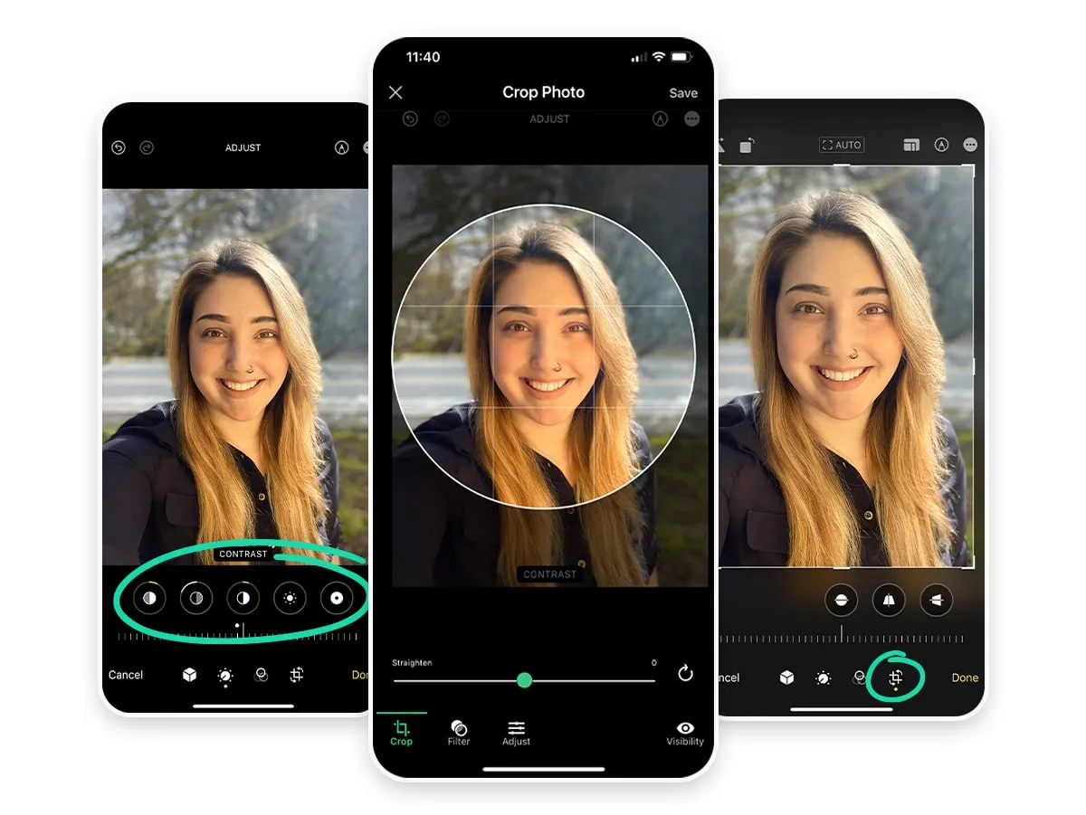 Three real iPhone Photos-app editing screens for a headshot: the Adjust panel with contrast and exposure controls (circled), the Crop Photo tool with a straighten slider, and the crop control selected, illustrating light, restrained edits.