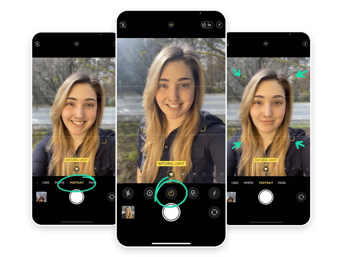 Three real iPhone Portrait-mode camera screens: Portrait mode selected at the bottom of the viewfinder (circled), the self-timer enabled at 3 seconds (circled), and the autofocus frame corners highlighted around the subject's face (arrows).