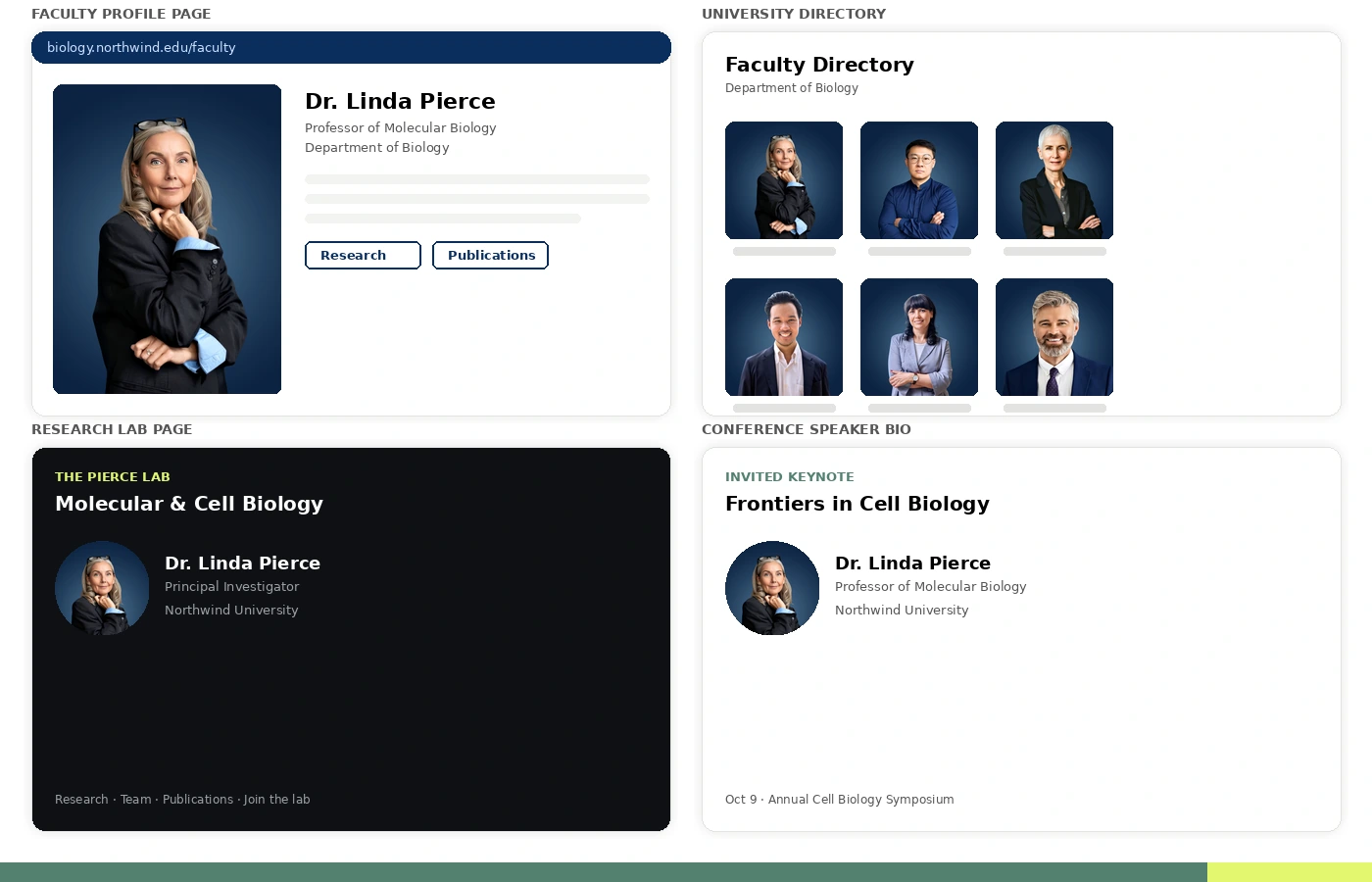 A four-panel mockup showing one professor's consistent Scale headshot across a university faculty profile page, the department's faculty directory, a research lab page, and an academic conference speaker bio.