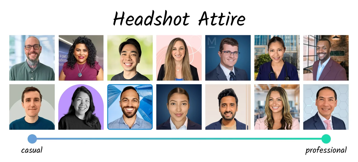 14-tile spectrum titled 'Headshot Attire' arranged left-to-right from casual to professional, showing diverse subjects in attire ranging from polos and sweaters to blazers and suits, with a casual-to-professional gradient bar beneath. Illustrates how to match wardrobe to your role and audience.