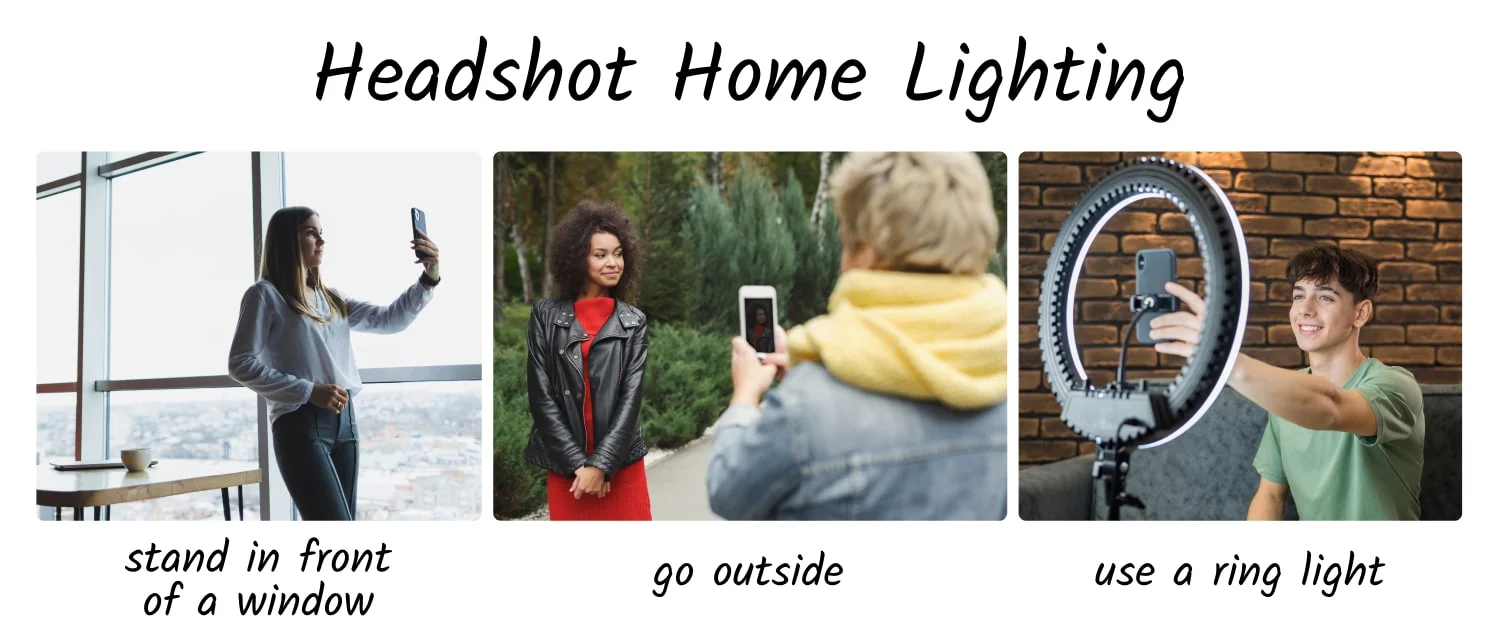 Three-panel illustration titled 'Headshot Home Lighting' showing three good light sources for a phone headshot: standing in front of a tall window, capturing outside on an overcast day, and using a ring light indoors.