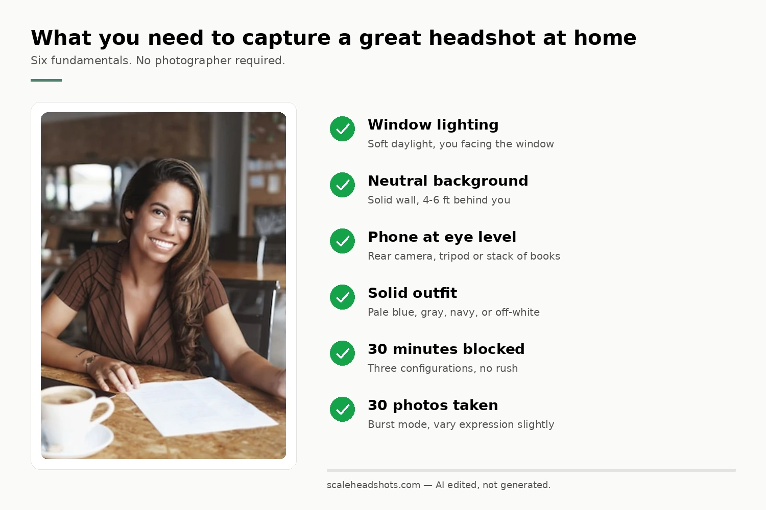 Annotated checklist titled 'What you need to capture a great headshot at home' showing a portrait example beside six green checkmark items: window lighting, neutral background, phone at eye level, solid outfit, 30 minutes blocked, 30 photos taken.