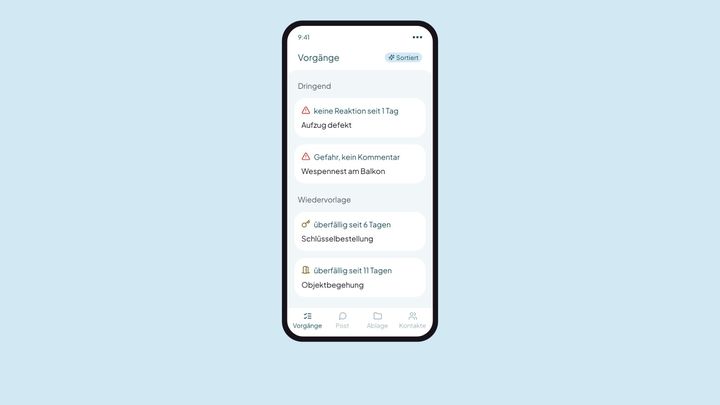 casavi Ansicht: sortierte Vorgangsliste auf dem Telefon