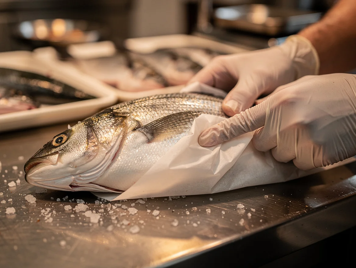Fishmonger wrapping fresh sea bass in white waxed paper on a stainless steel counter