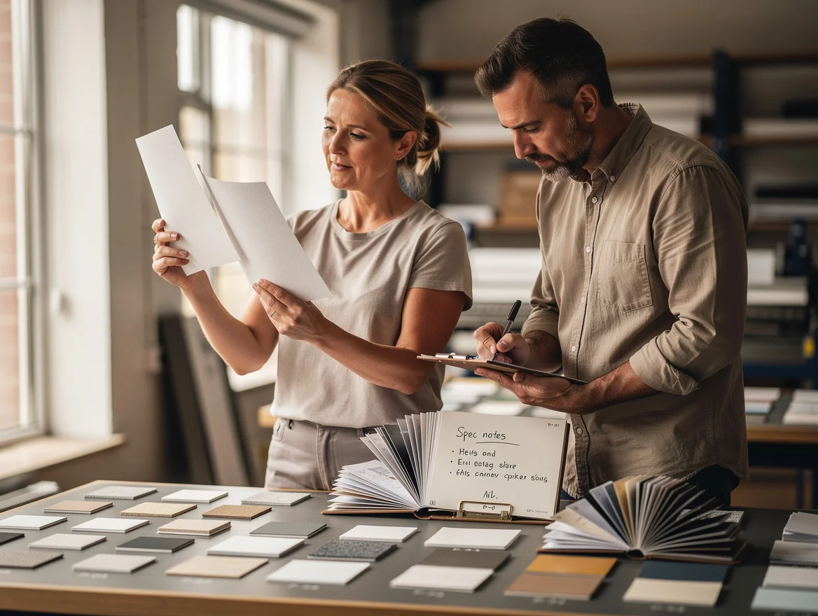Buyer and converter comparing paper samples at a specification meeting