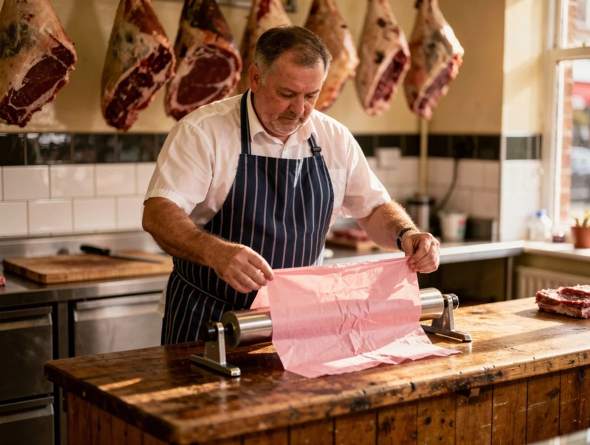 British butcher tearing pink wet-strength butcher paper from a counter-mounted roll