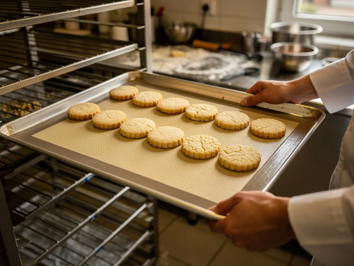 Silicone baking mat on a commercial bakery tray with golden shortbread biscuits
