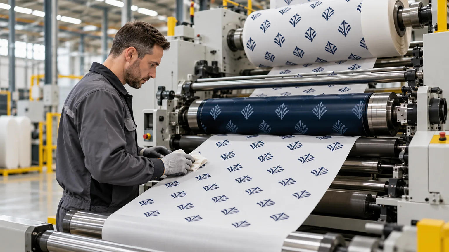 Print operator inspecting a freshly printed roll of greaseproof paper on a flexographic press