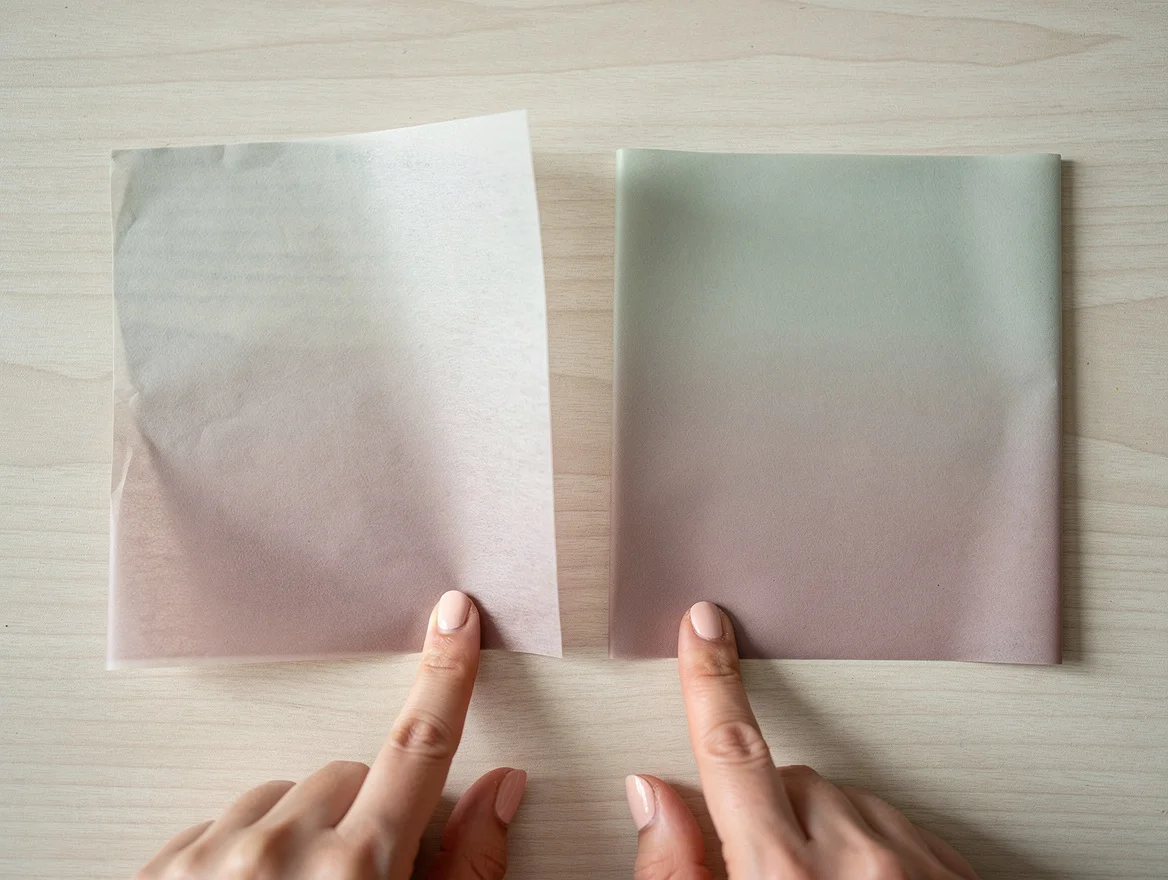 Comparison flat lay of MF and MG tissue paper grades on a wooden surface