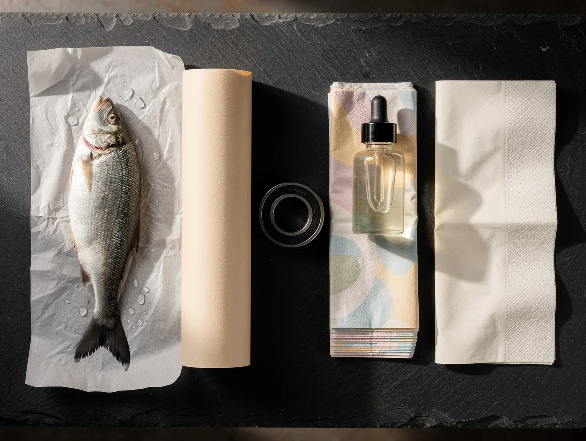 Flat lay of converted paper samples across food, industrial, cosmetics and retail applications