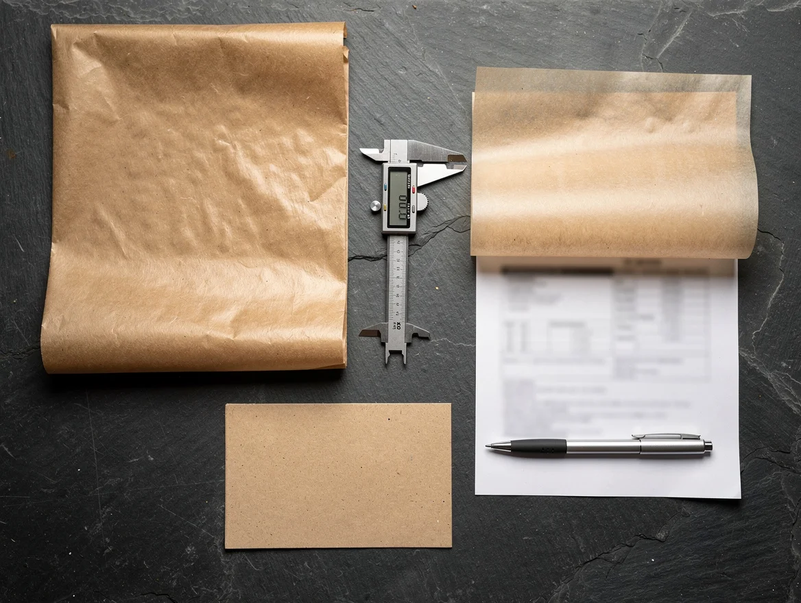 Flat lay of butcher paper specification samples with callipers and a spec sheet