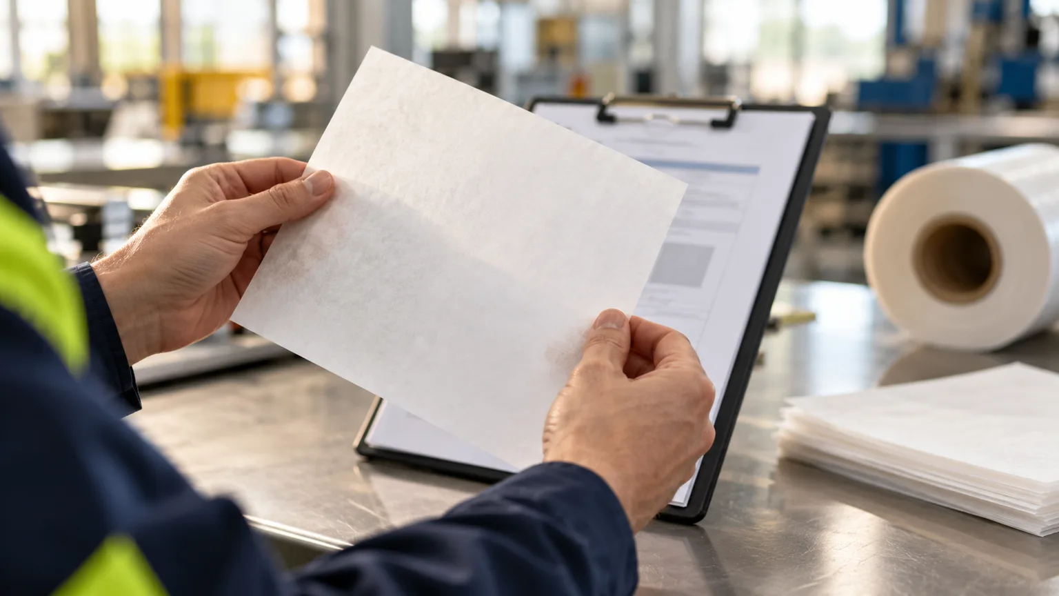 Buyer's desk with compliance documents — DoC, FSC certificate and migration test report
