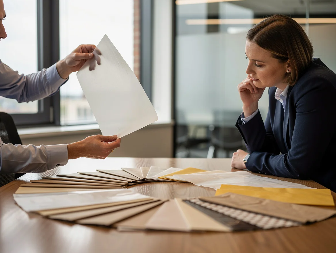 Procurement professionals comparing paper samples at a meeting room table