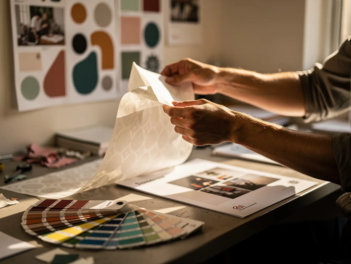 Designer reviewing a tissue paper print proof with a Pantone fan deck in a UK studio