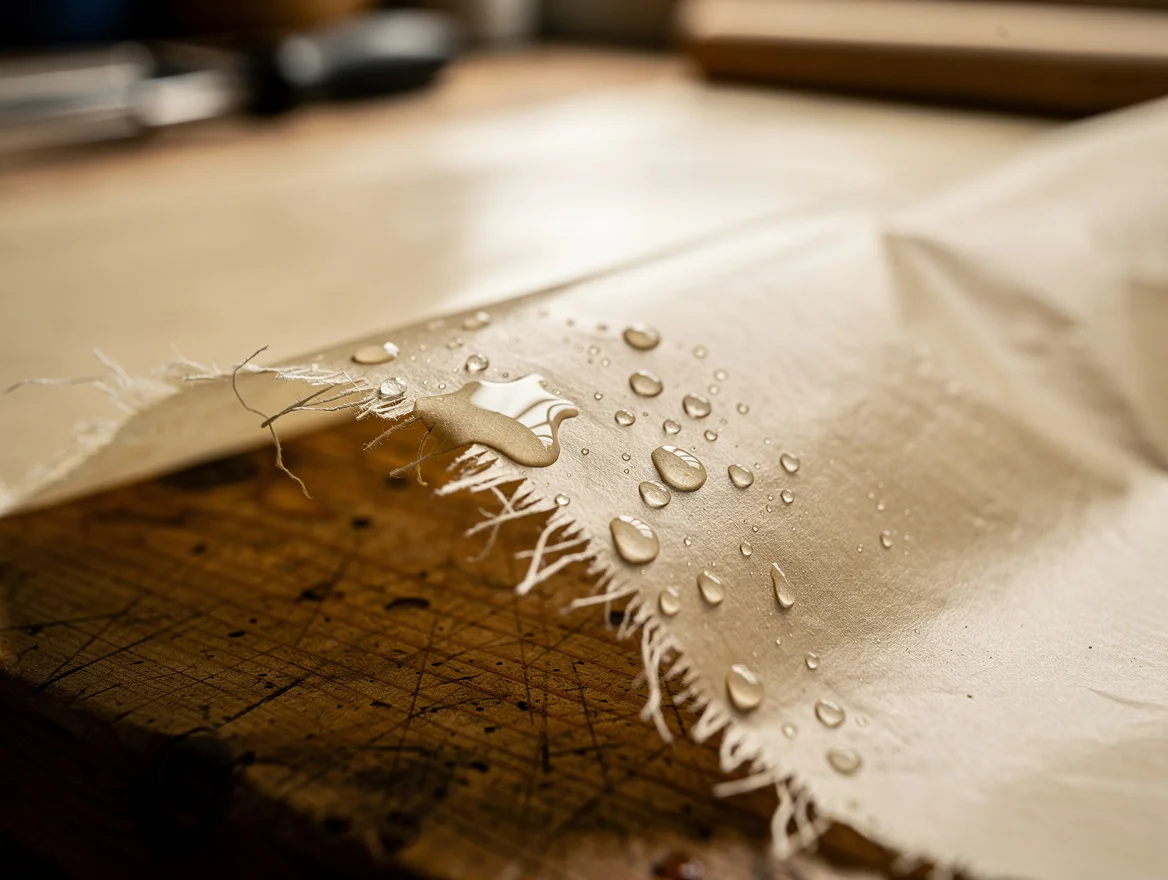 Macro close up of the torn fibrous edge of a sheet of wax coated paper showing the contrast between paper fibre and the translucent coating