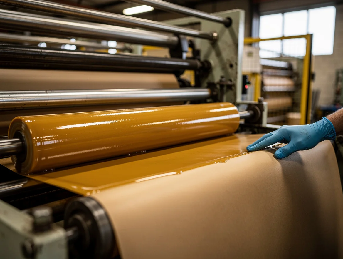 Wax coating being applied to kraft paper on a UK converting line
