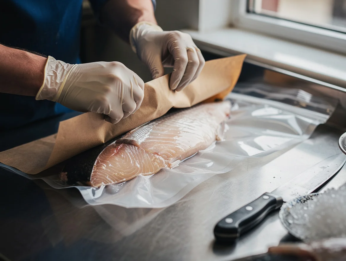 Fishmonger placing a bonewrap liner around a bone-in fish fillet before vacuum packing