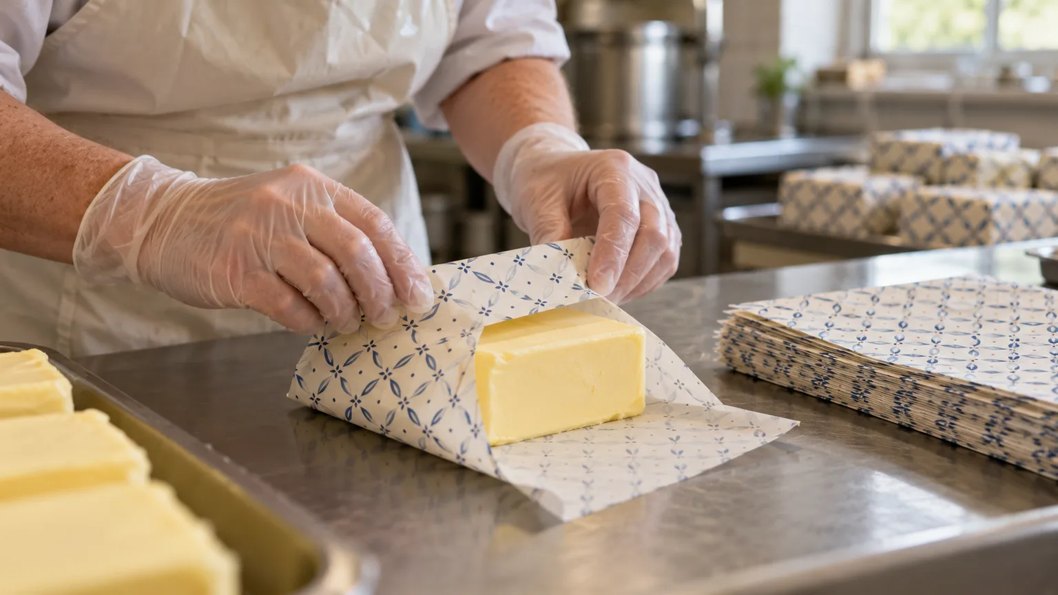 Gloved hands folding a printed greaseproof wrapper around a block of butter at a British creamery