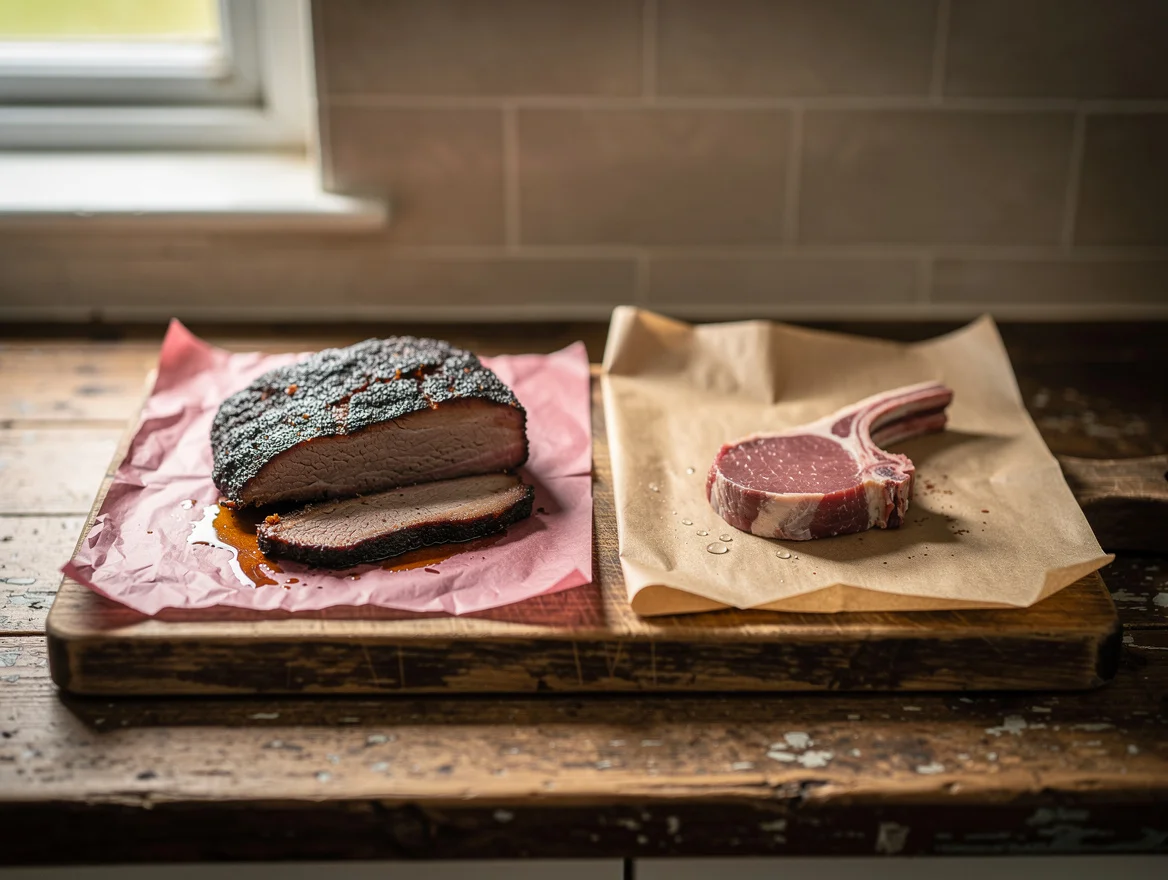 Side-by-side comparison of pink BBQ butcher paper with smoked brisket and UK greaseproof-lined kraft with a raw lamb chop