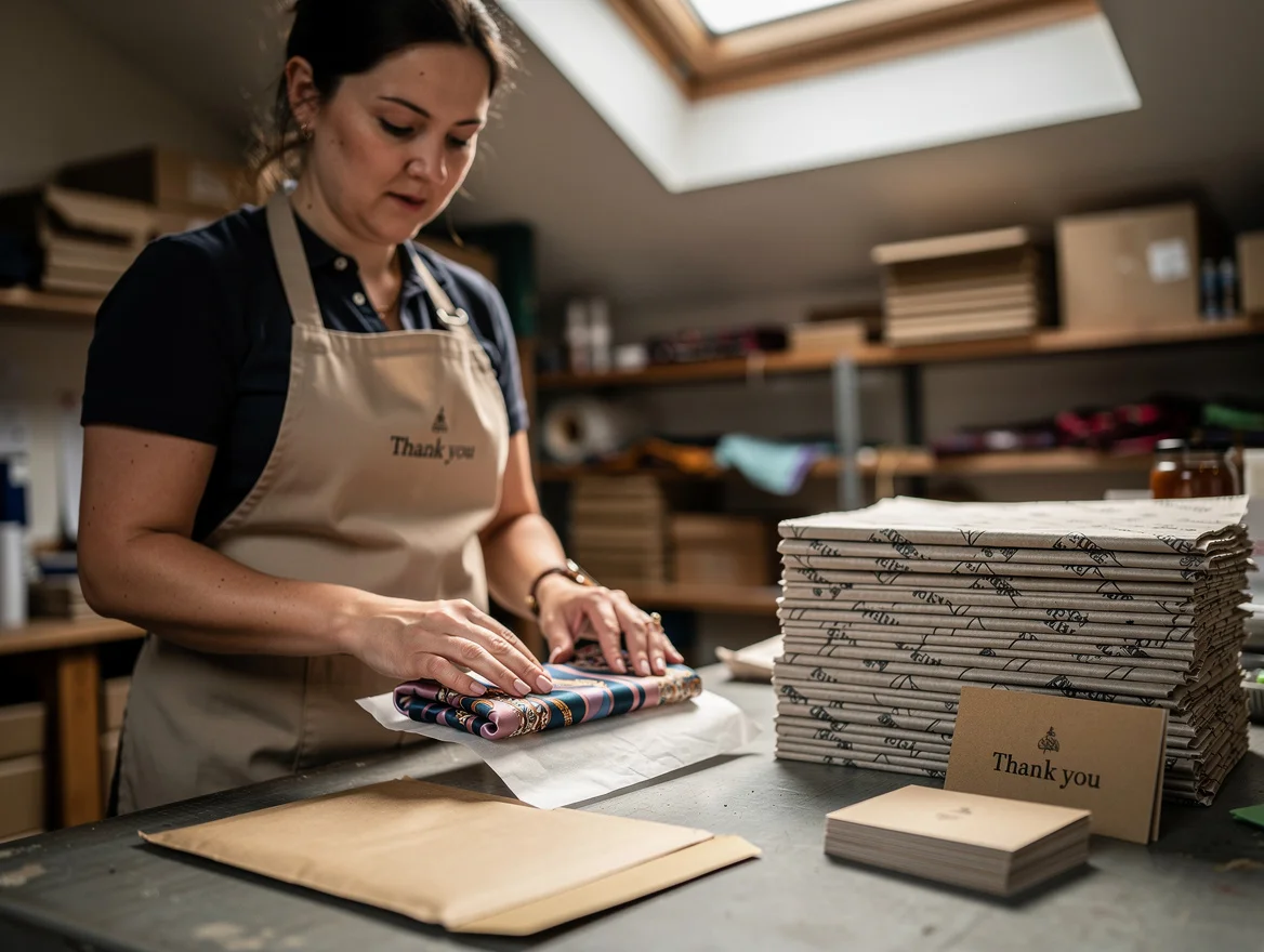 Packing operative nest-wrapping a silk scarf in printed tissue at a UK fulfilment bench