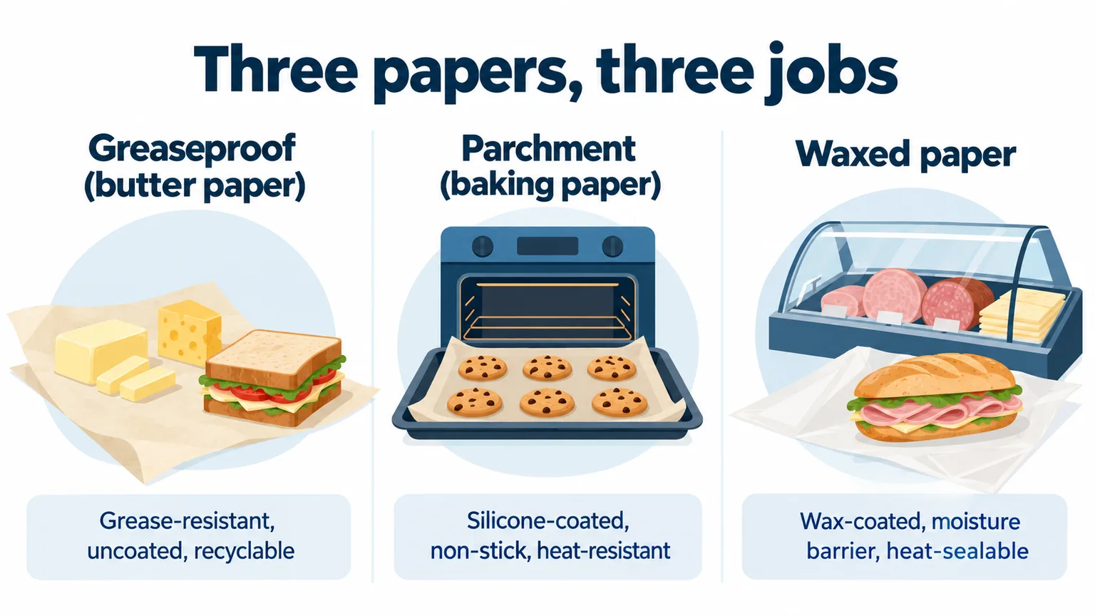 Comparison graphic of greaseproof butter paper, parchment baking paper and waxed paper and the jobs each does