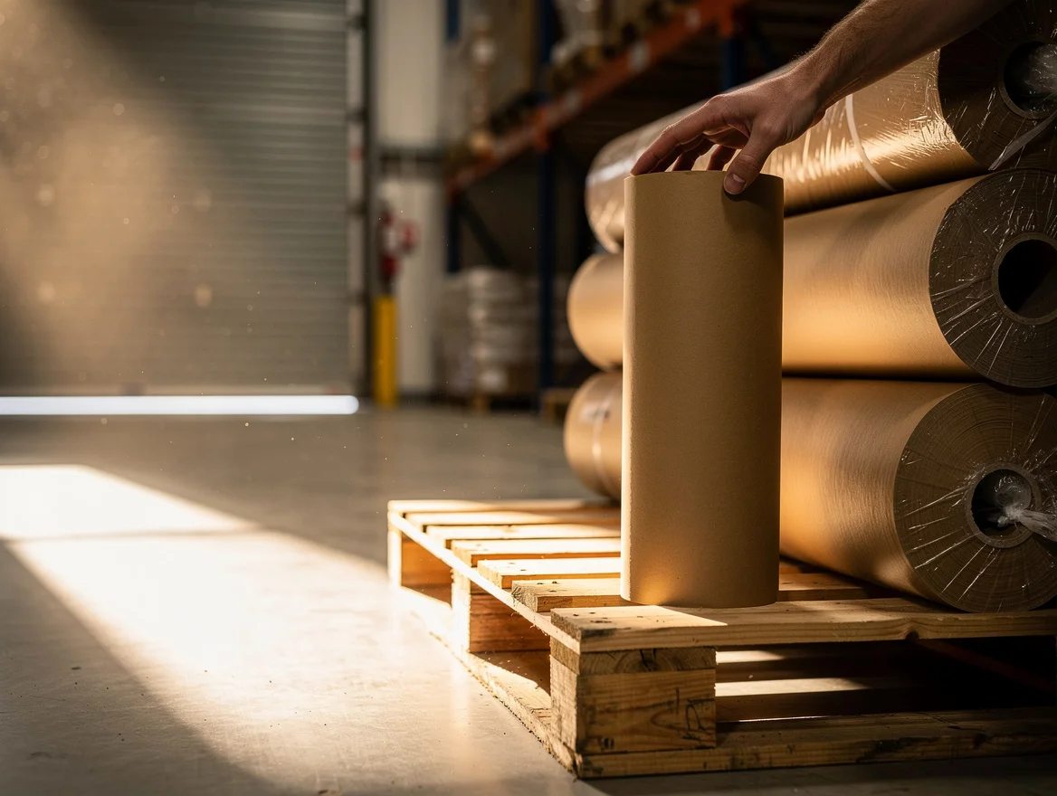 Stacked rolls of FSC-certified kraft paper on a pallet in a UK converter warehouse