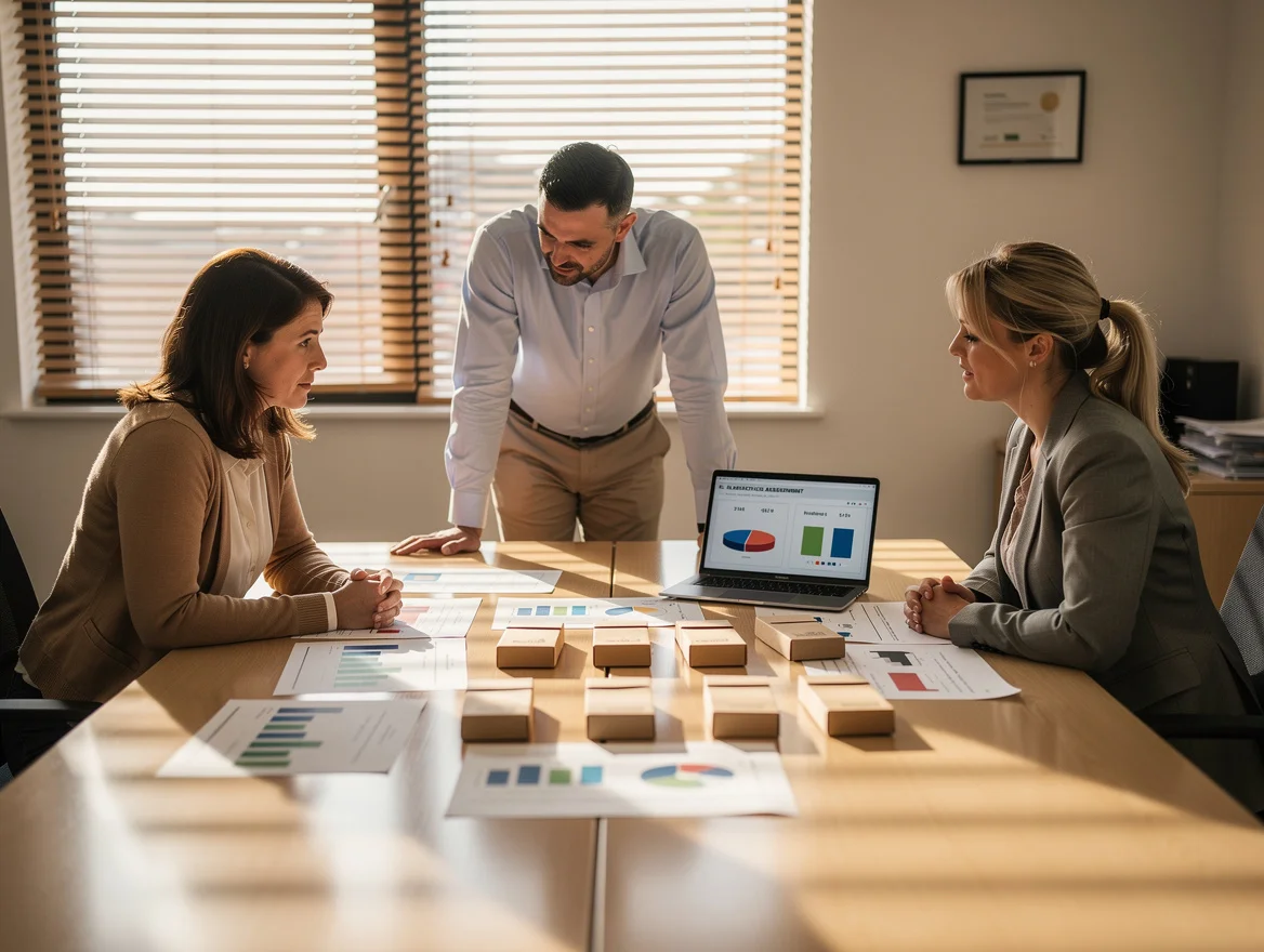 Three procurement professionals reviewing paper packaging samples and a lifecycle chart in a UK meeting room