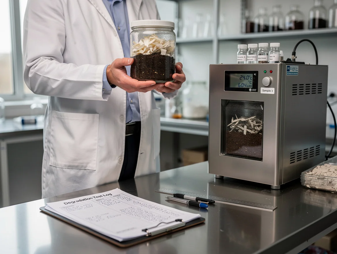 A laboratory technician examining a sealed jar of paper samples mixed with composting substrate in a UK testing lab, bioreactor visible behind