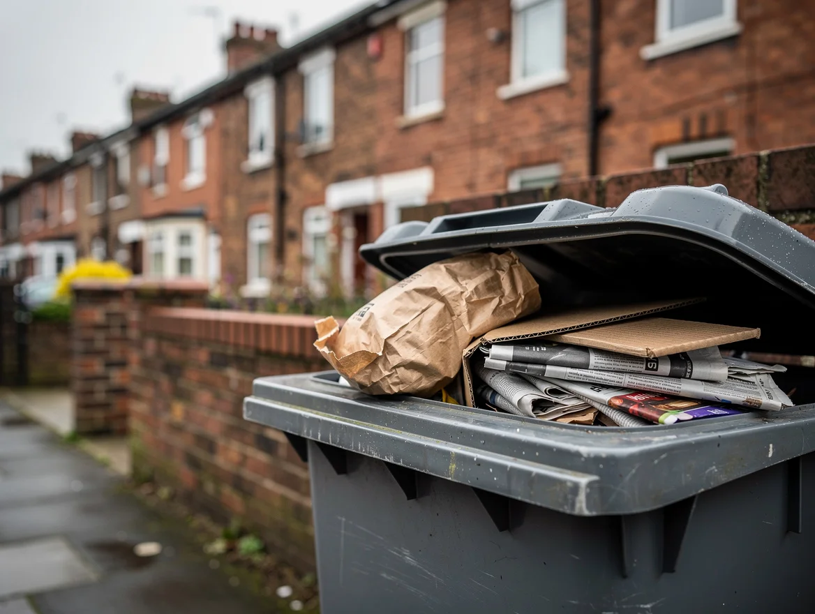 Open kerbside paper recycling bin on a British residential street showing kraft packaging and newspaper