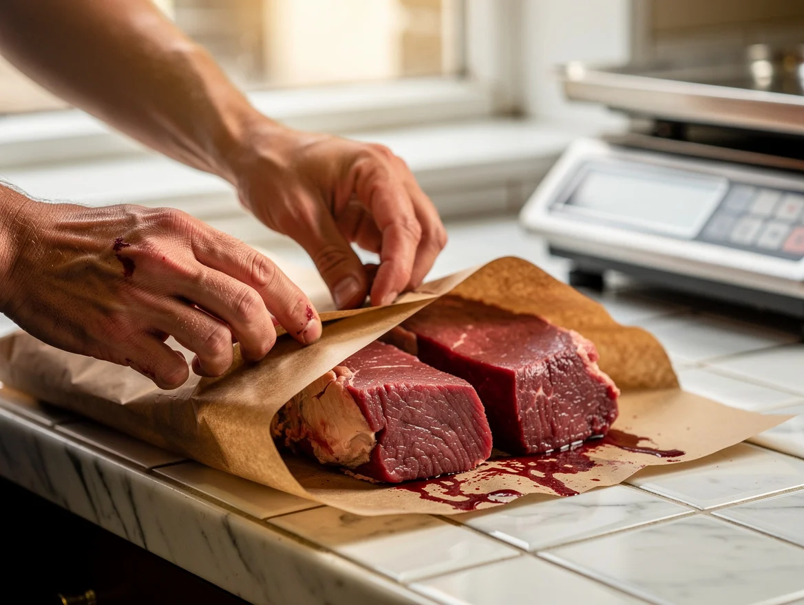 Butcher's hands wrapping fresh beef in wet-strength greaseproof-lined kraft paper at a tiled counter