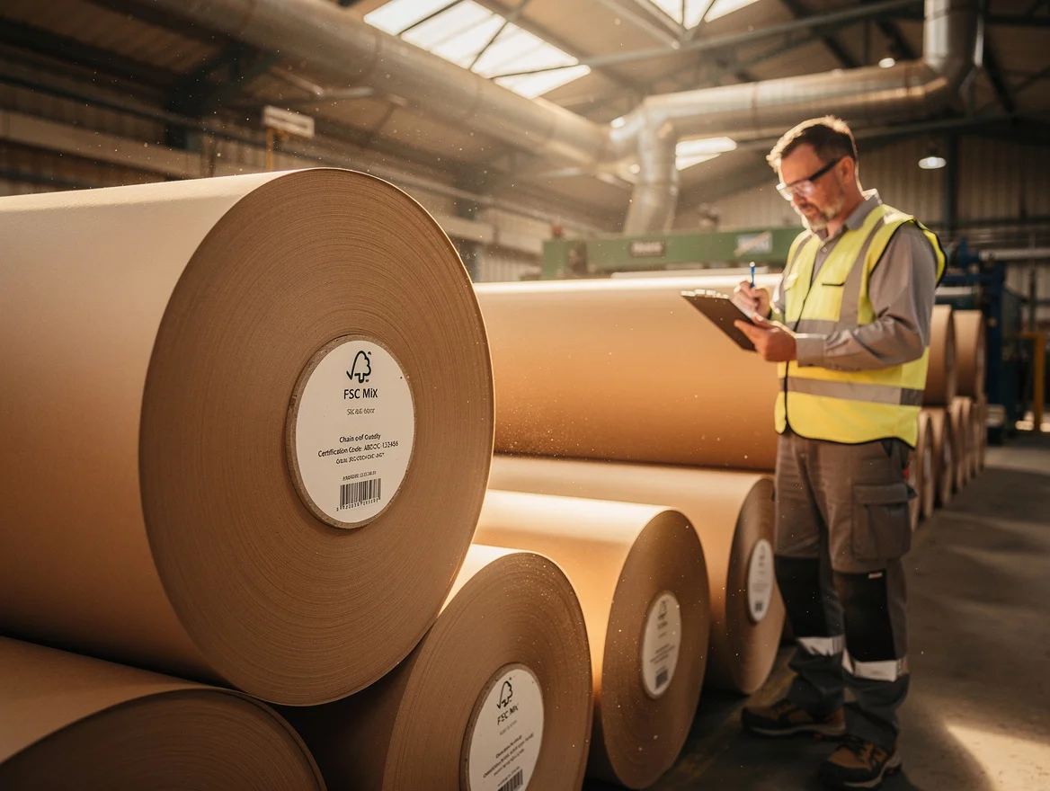 Paper mill worker inspecting stacked rolls of FSC-certified kraft paper on a UK factory floor