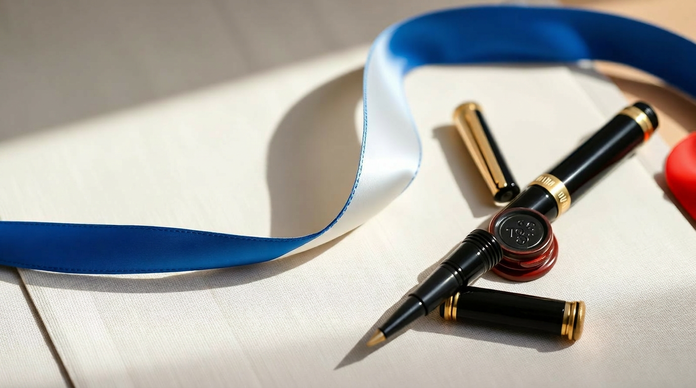 Ruban tricolore, stylo plume et cachet de cire, symboles de la naturalisation française