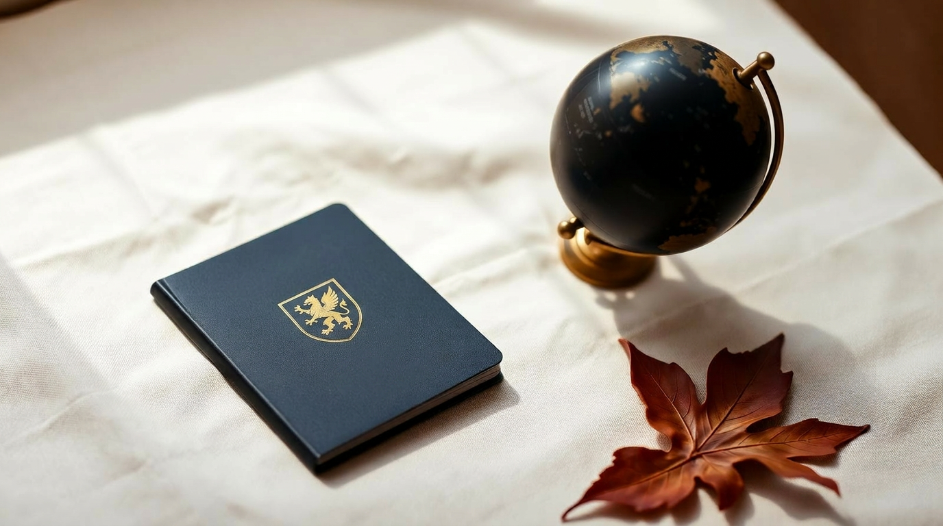 Passeport bleu marine et globe terrestre, symboles du visa long séjour pour la France