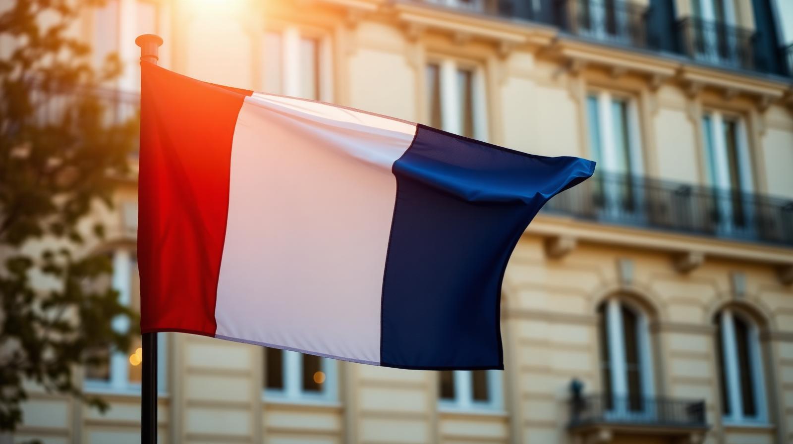 Drapeau tricolore français devant une façade haussmannienne, symbole de la naturalisation