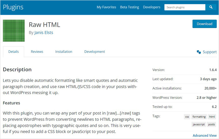 Raw HTML WordPress Plugin