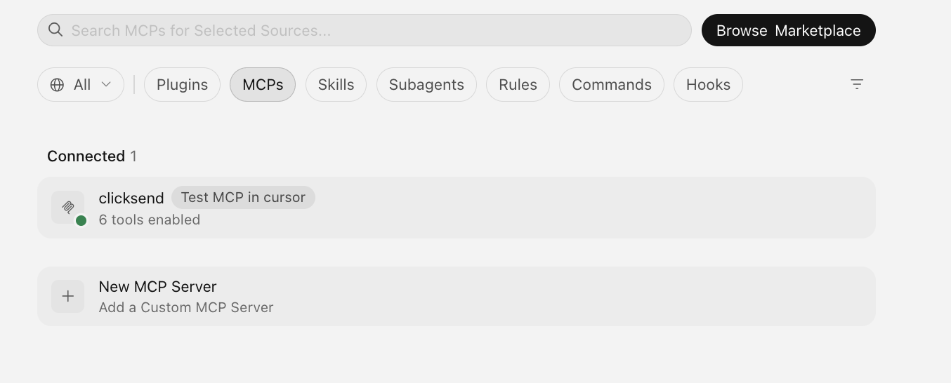Cursor-MCP-settings-ClickSend-active