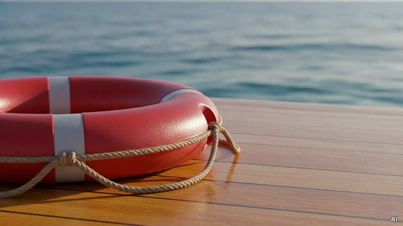 Rot-weißer Rettungsring auf einem sonnigen Schiffsdeck vor blauem Meer.
