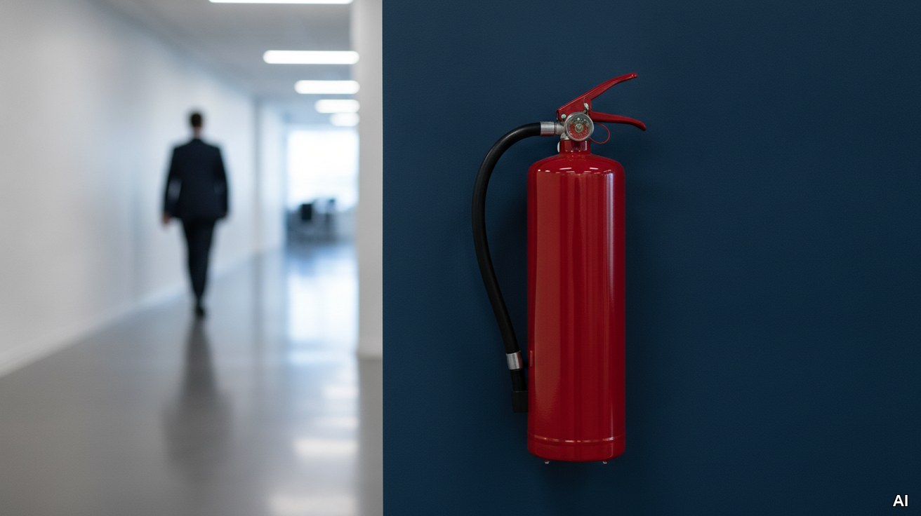 Ein Feuerloescher im Buerokorridor symbolisiert den Notfallplan bei der Unternehmensnachfolge.