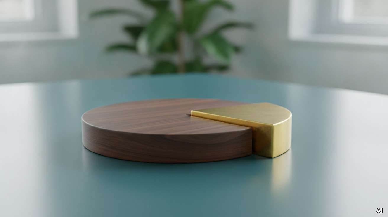 Ein 3D-Kreisdiagramm aus Holz und Messing mit einer herausgezogenen Hälfte.