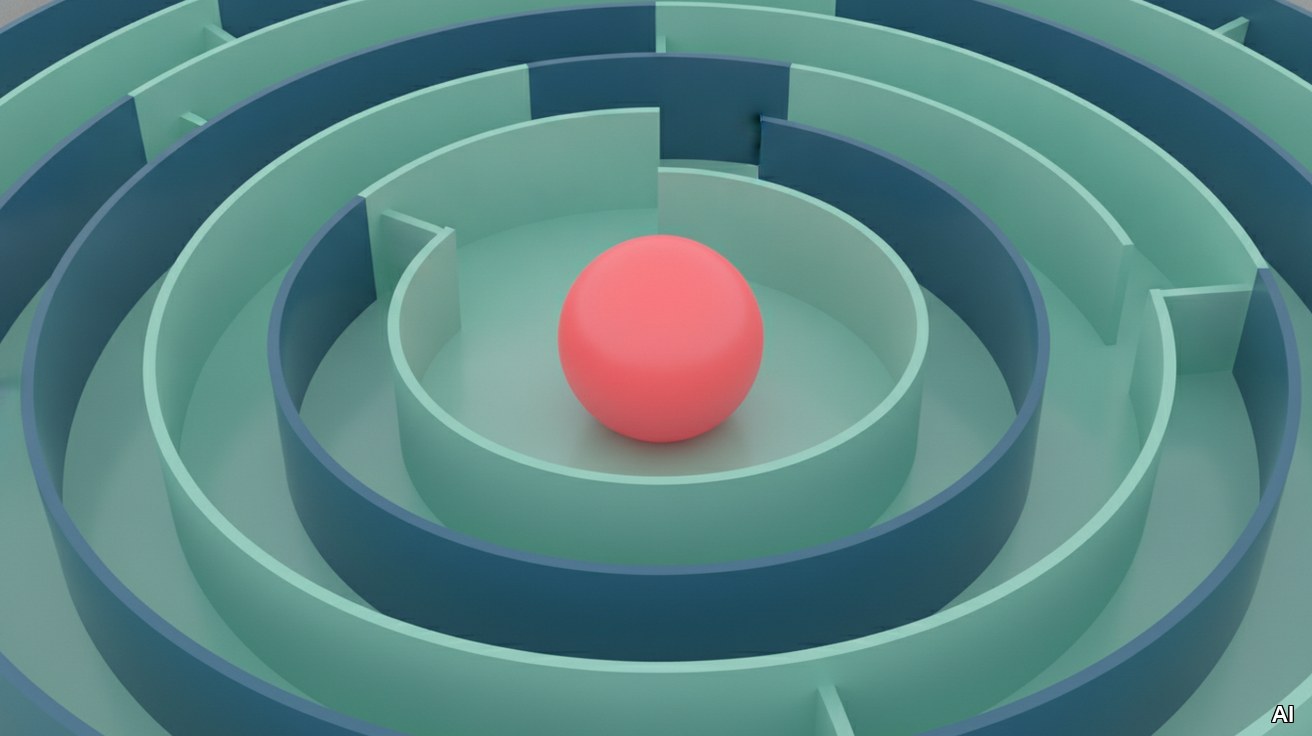 Ein mintgruenes Labyrinth mit einer korallenroten Kugel in der Mitte.