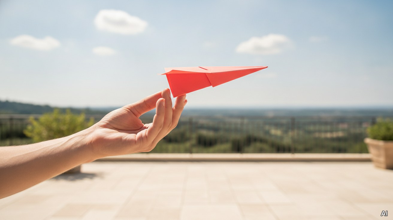 Ein roter Papierflieger wird im Sonnenlicht fliegen gelassen.